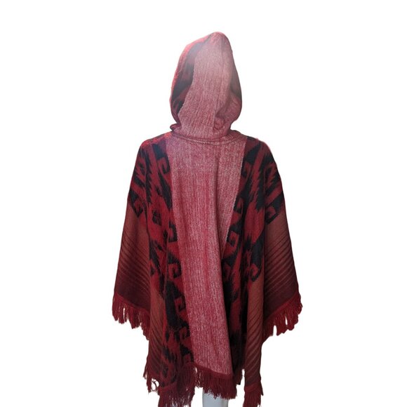 Red Western Style Poncho w/Fringe 100% Wool Boho Festive Handmade inEcuador OSFM - Picture 6 of 10